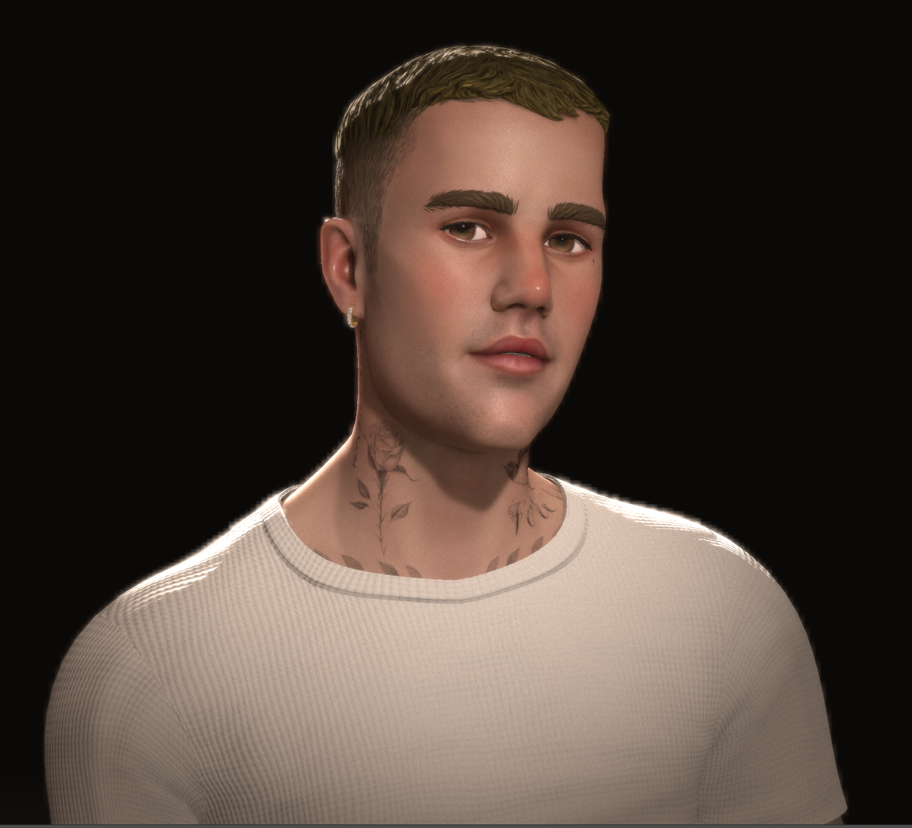 Close-up of Justin Bieber avatar showing facial detail and neck tattoos
