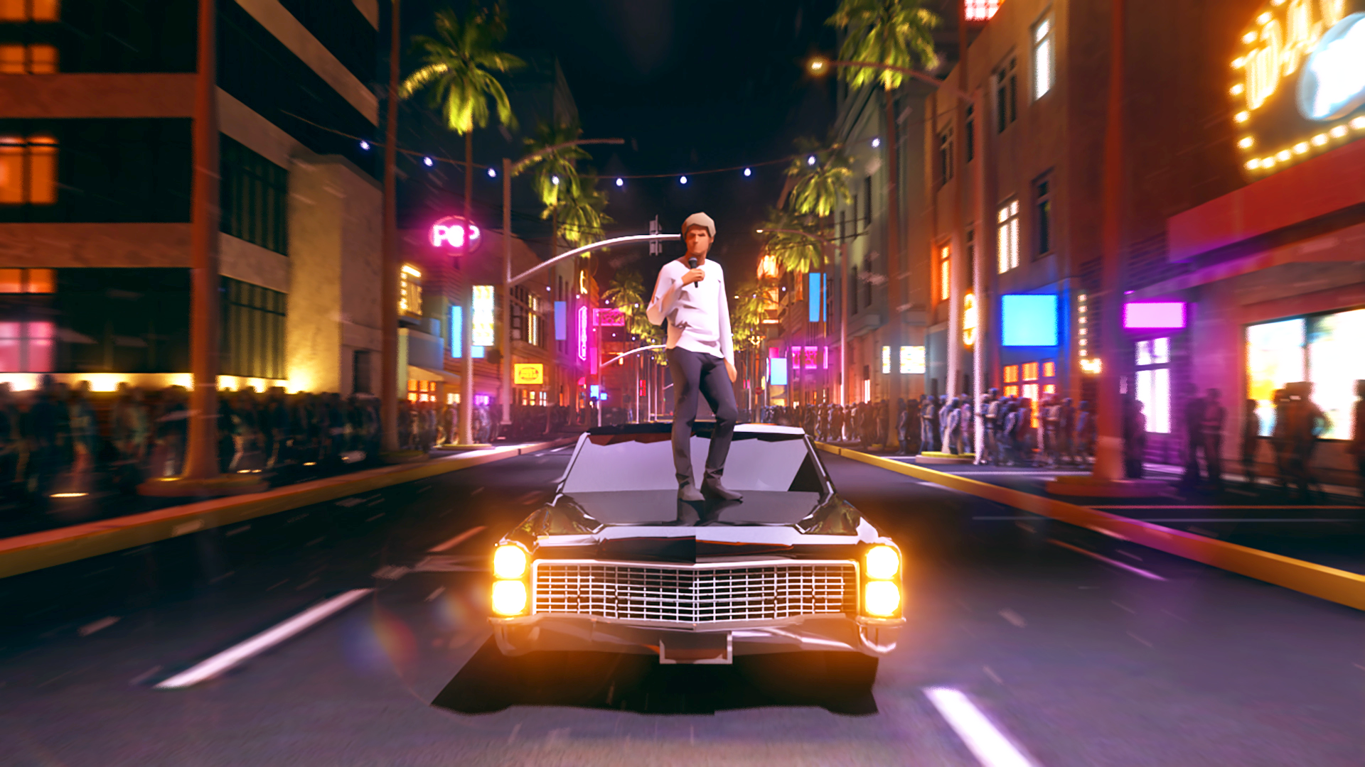 Justin Bieber on car in vibrant nighttime city street with neon signs and crowds