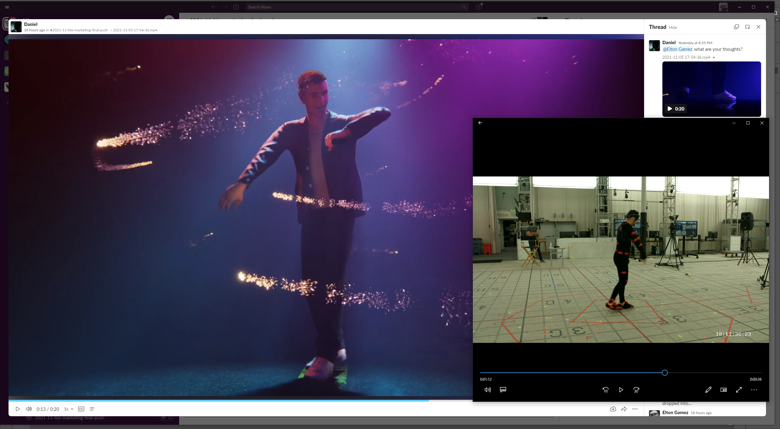 Behind-the-scenes split screen showing virtual performance and motion capture studio