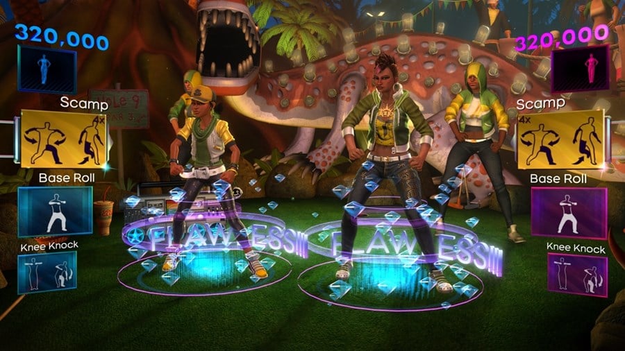 Dance Central 2 dinosaur-themed stage with gameplay HUD showing dance moves