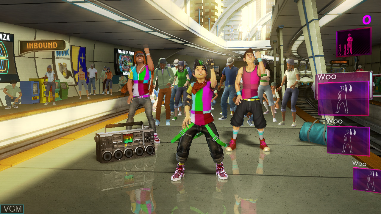 Dance Central 2 subway stage gameplay with colorful dancers and performance feedback