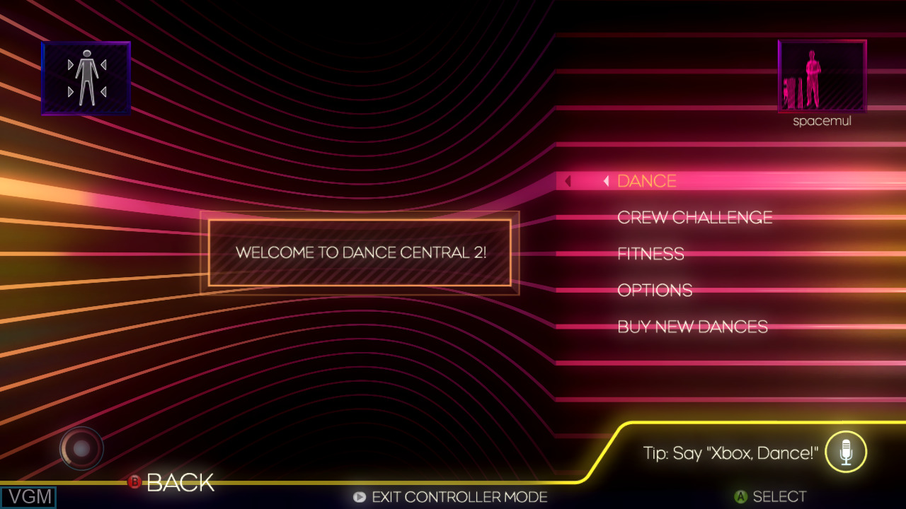 Dance Central 2 menu screen showing game modes and options