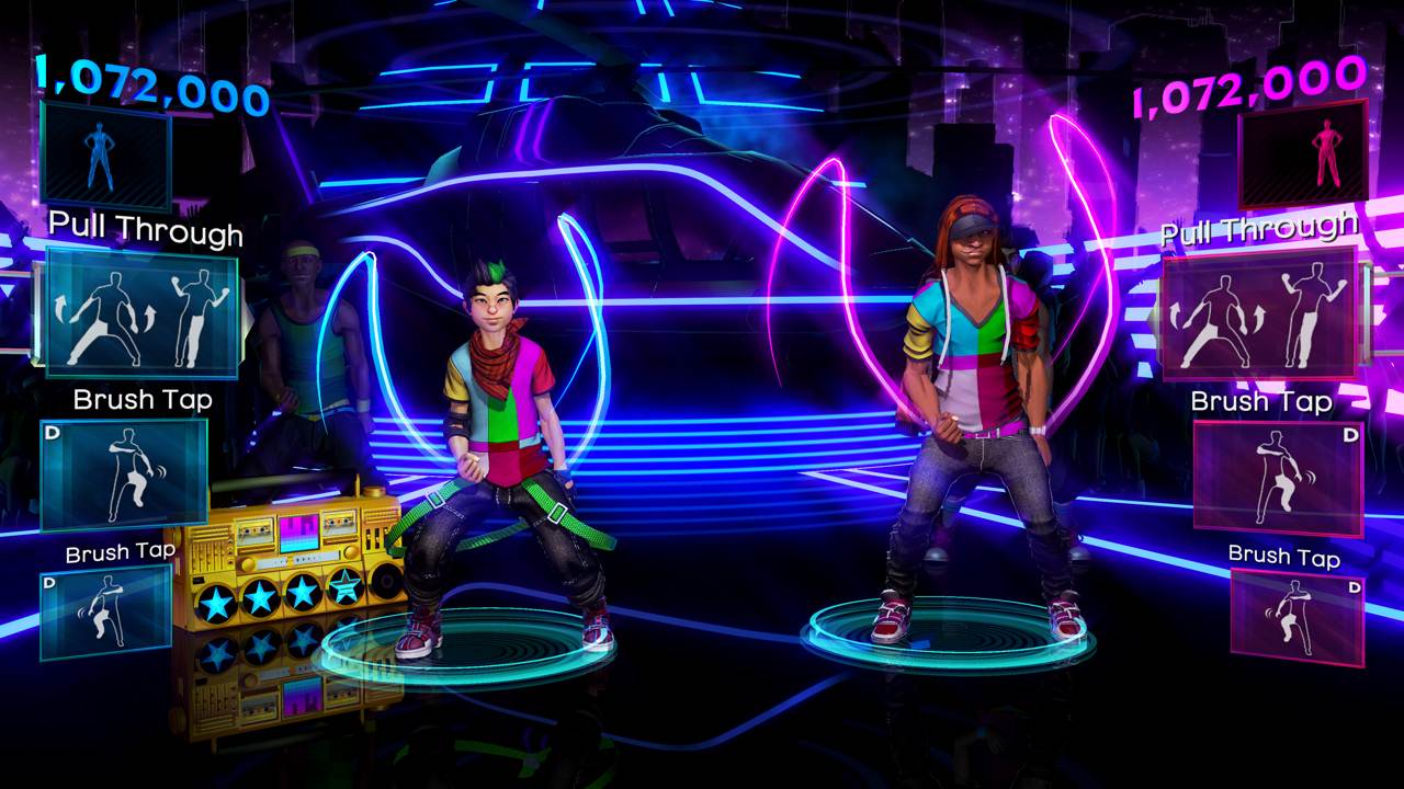 Dance Central 2 high-energy neon stage with bright cyan and pink lighting effects
