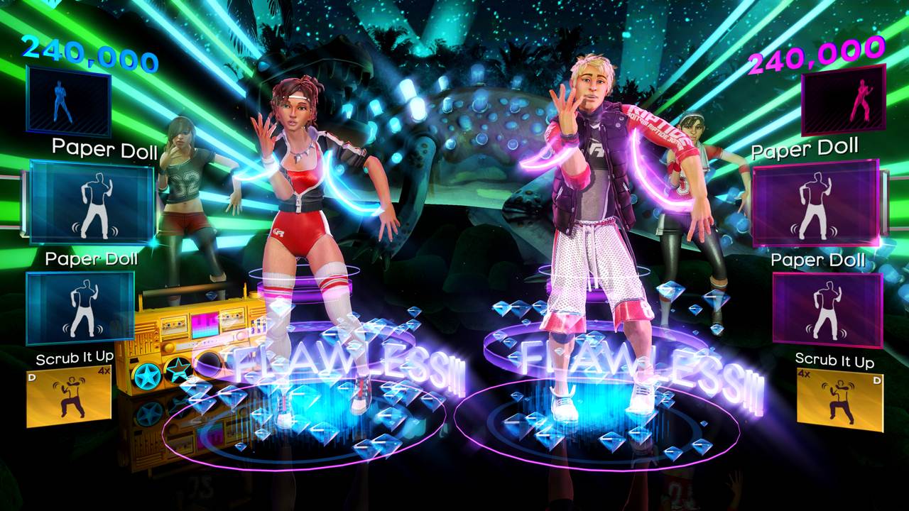 Dance Central 2 neon stage performance with high score display and move indicators
