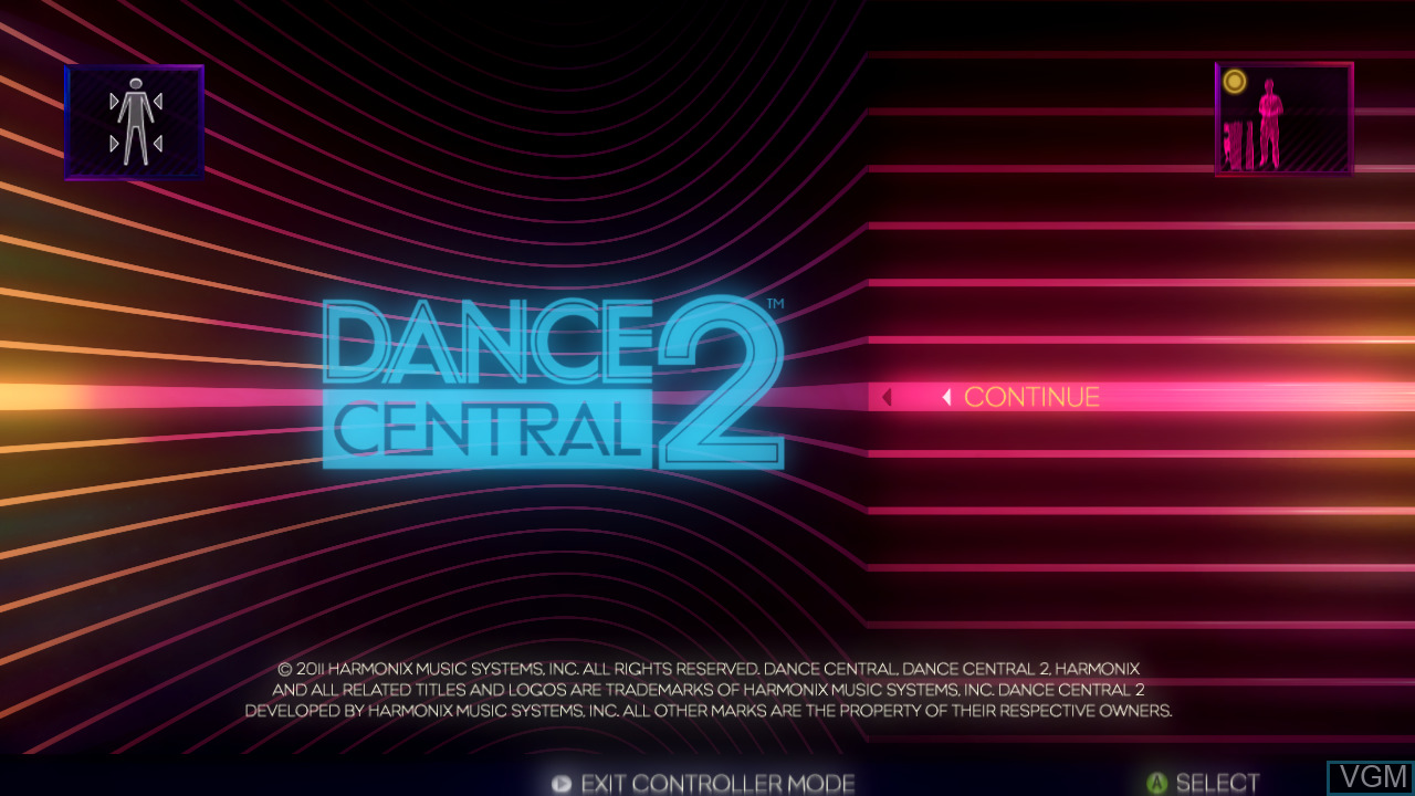Dance Central 2 title screen with neon cyan text and colorful wavy background