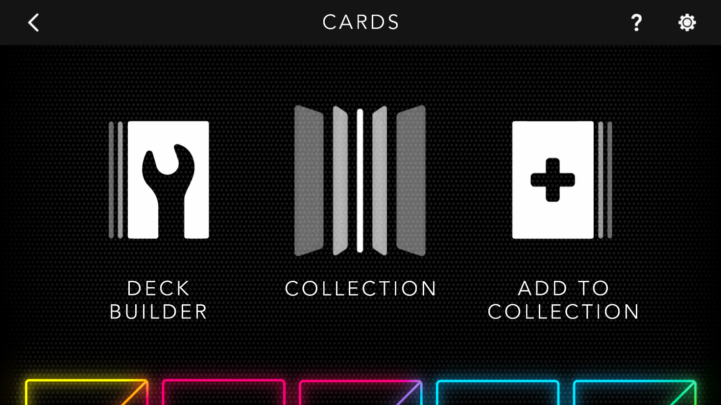 Cards menu showing Deck Builder, Collection, and Add to Collection options