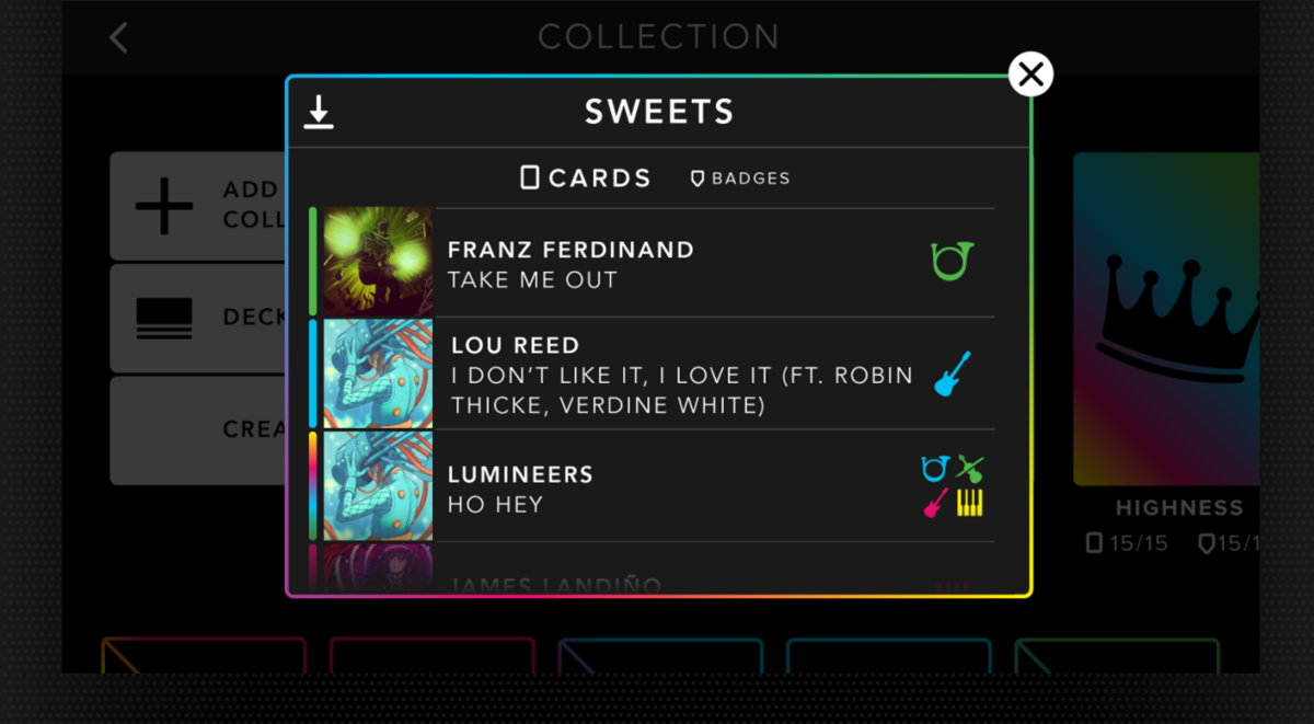 Collection modal showing Sweets collection with Franz Ferdinand, Lou Reed, and Lumineers cards