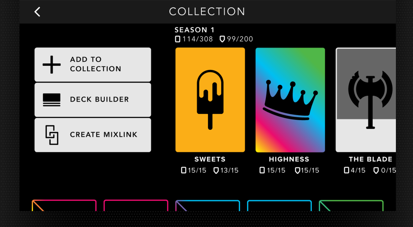 Collection screen showing Season 1 cards with colorful artistic designs and MixLink creation options