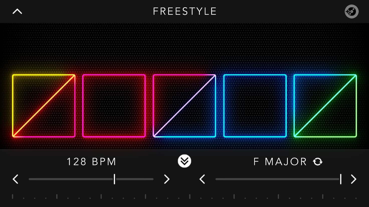 Freestyle mode interface with five colored card slots and tempo and key controls