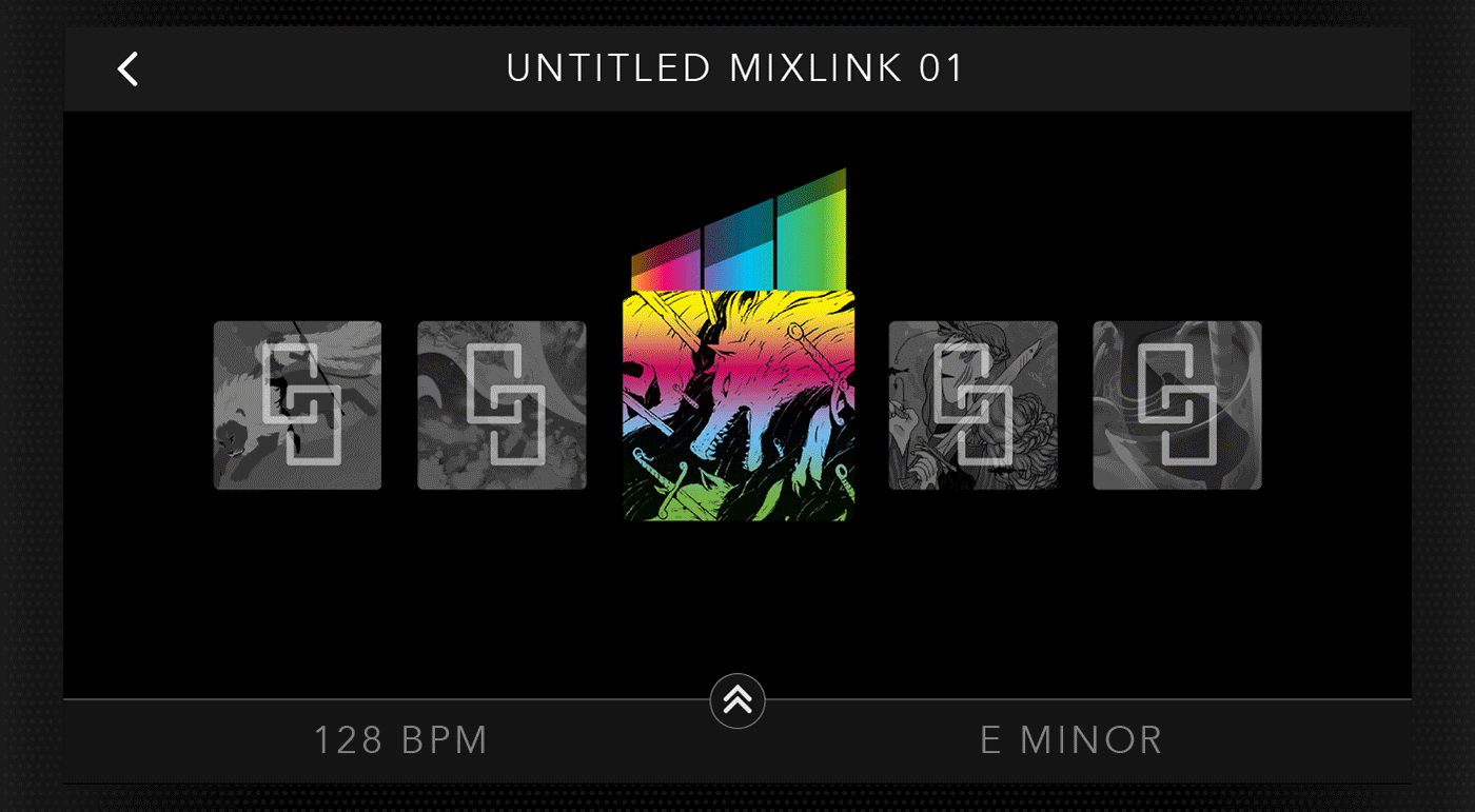 MixLink interface showing curated mix of five cards at 128 BPM in E MINOR
