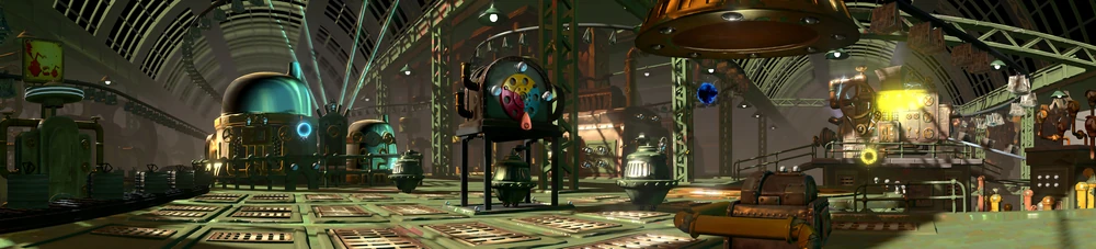 Fantasia steampunk workshop interior with mechanical equipment and warm industrial lighting