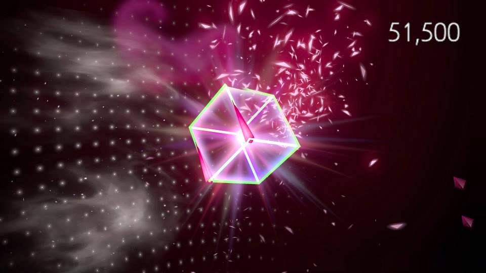 Glowing rainbow prism crystal gameplay mechanic with particle effects and score display
