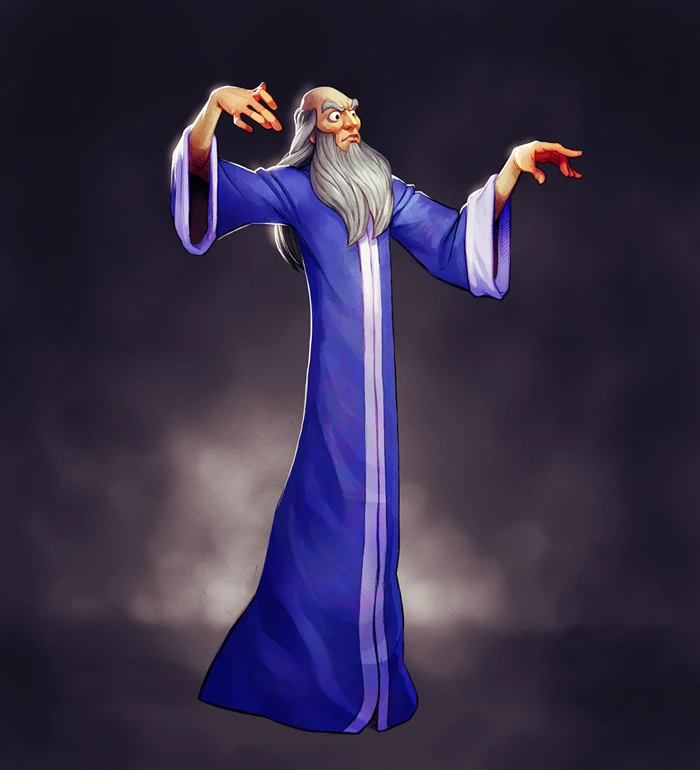 Yen Sid character concept art in blue robes with long white beard