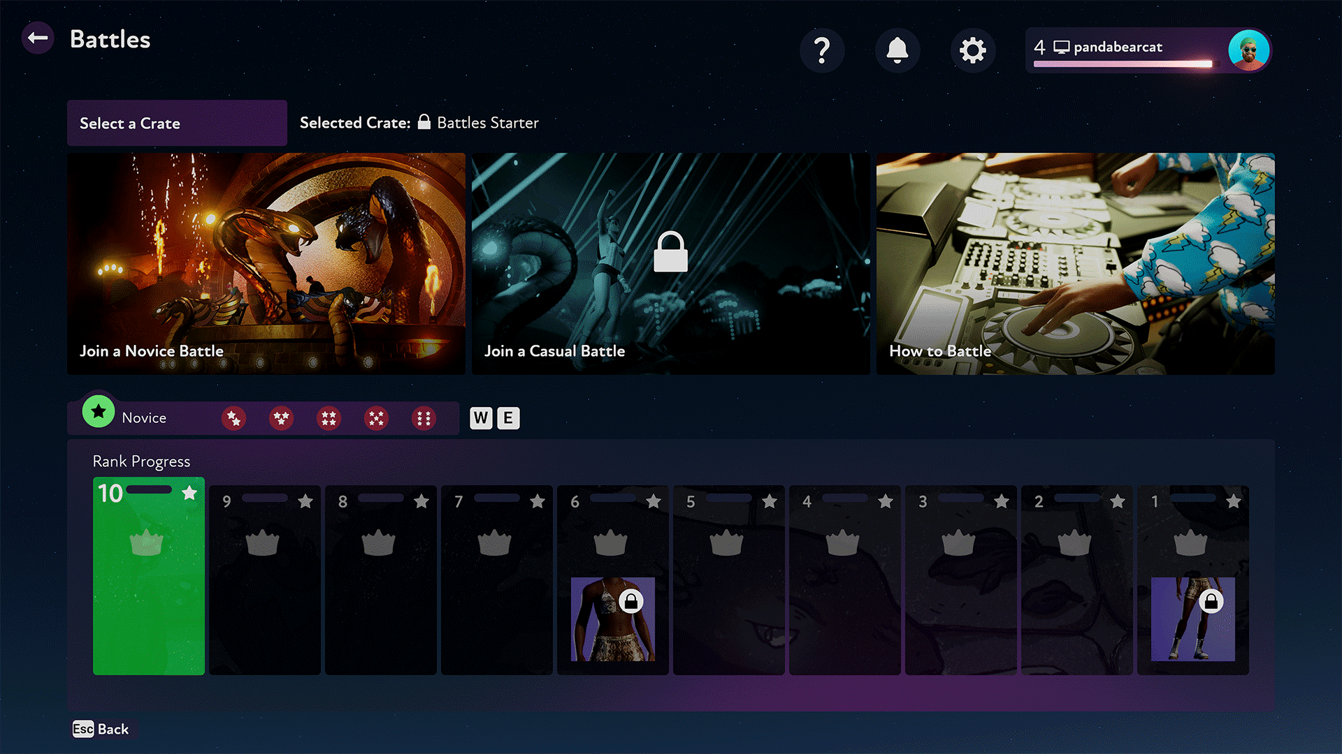 Battles mode showing ranked progression system and competitive battle selection