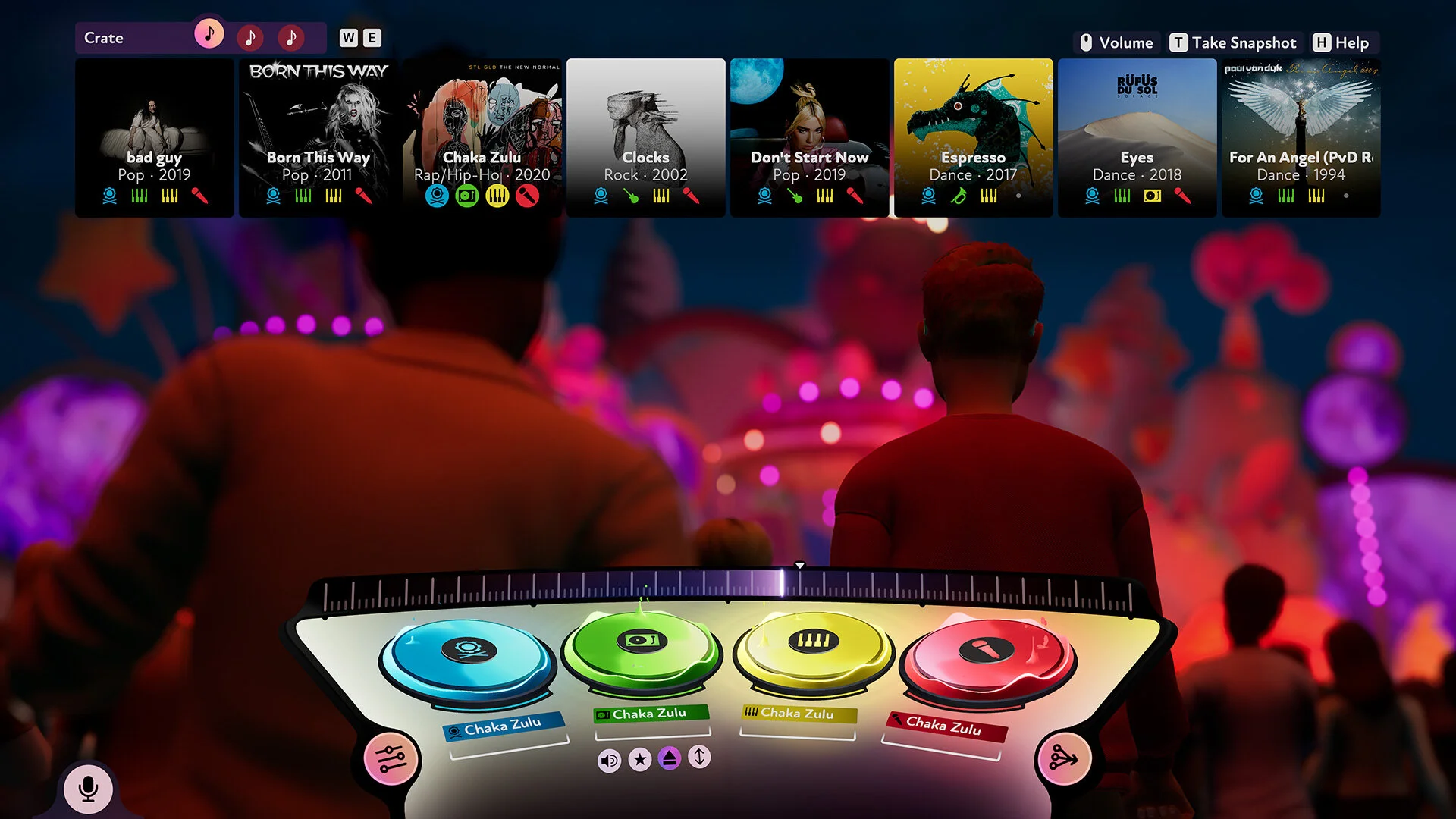 Gameplay view showing four colored disc platters with music stems and crowd silhouettes