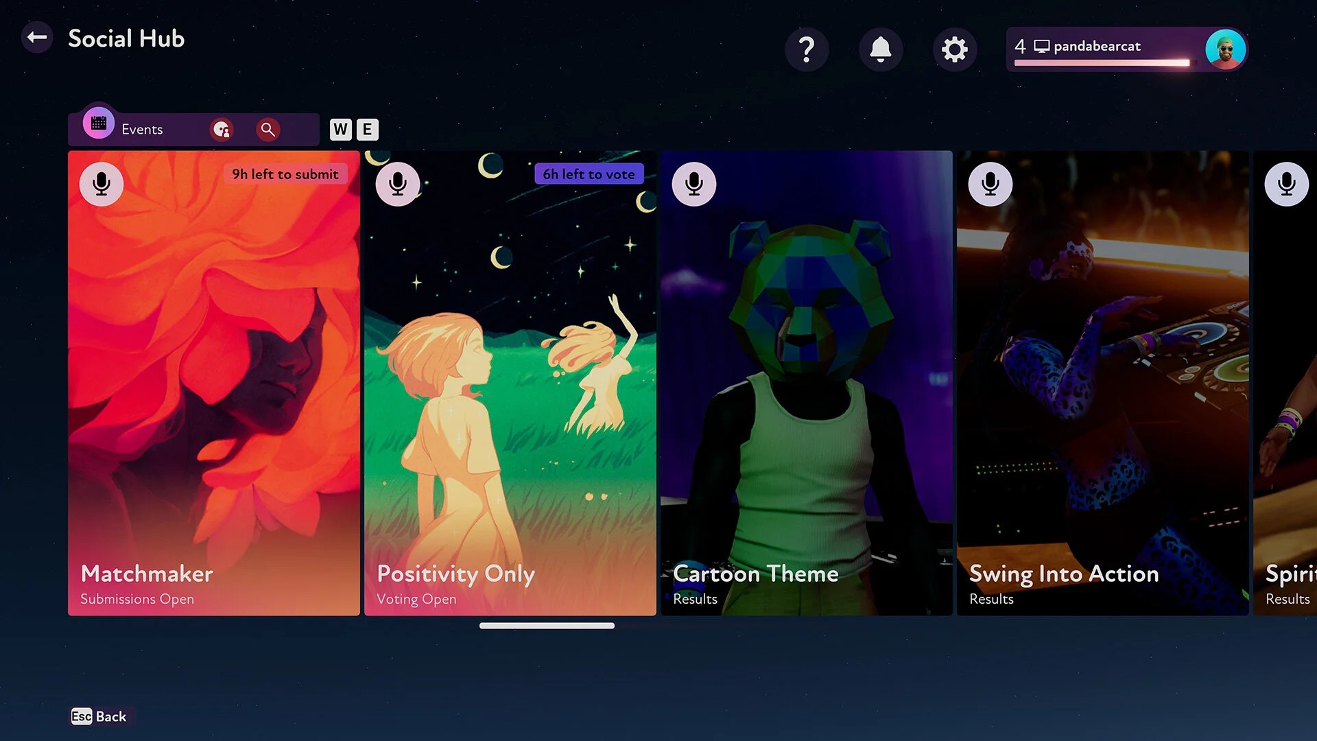 Social Hub showing event cards with user-submitted mixes and themed challenges