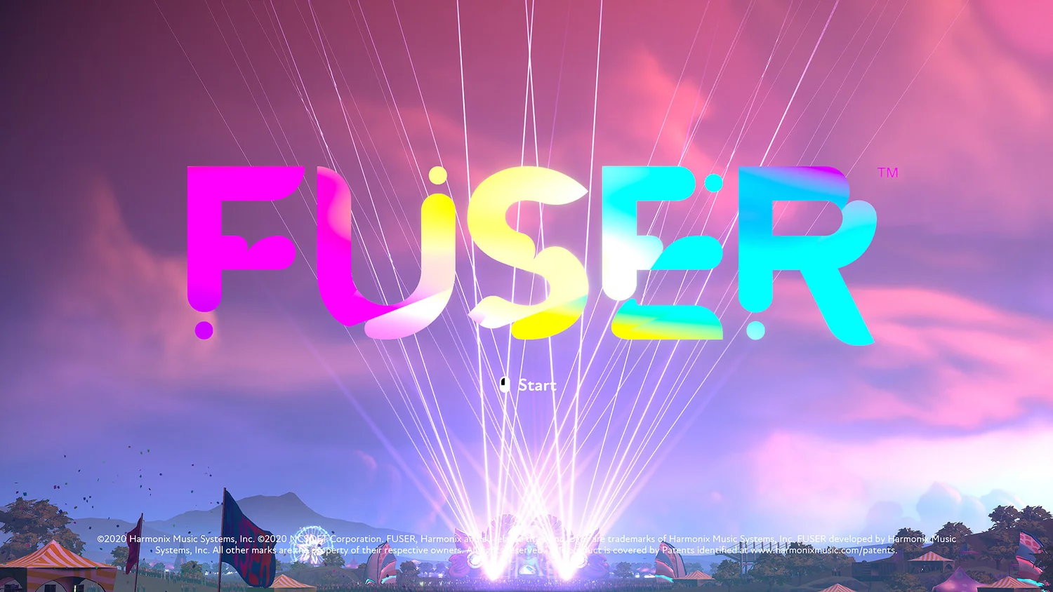 FUSER title screen with colorful logo and festival grounds at sunset with light rays
