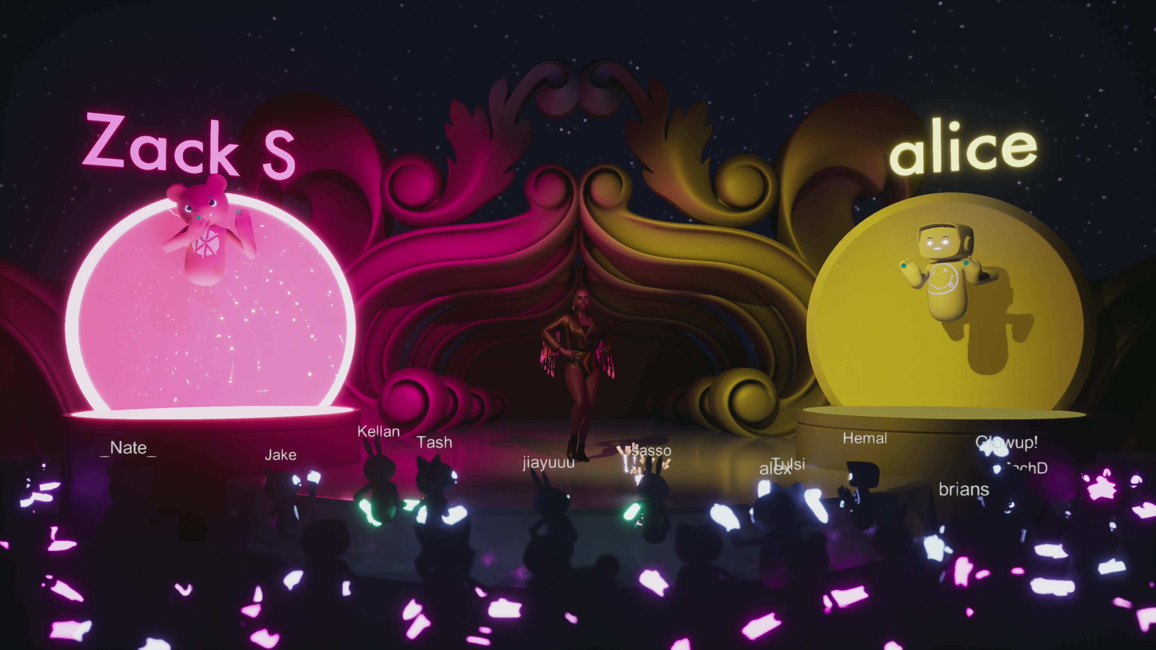Stage with dual glowing circular portals in pink and yellow with decorative swirls
