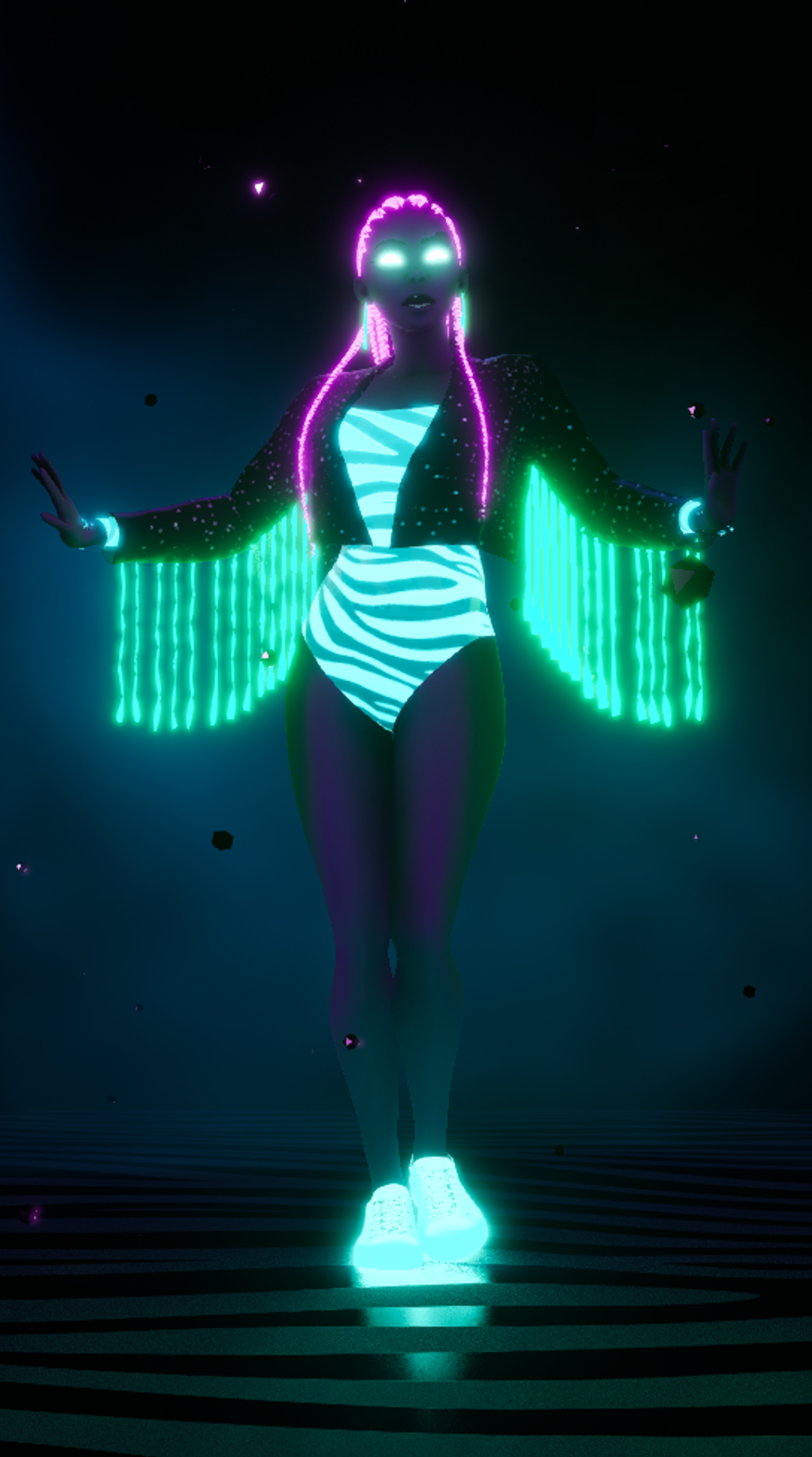 Full body shot in neon striped outfit with cyan and pink lighting elements