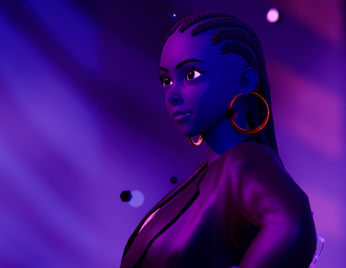 Latasha avatar close-up with purple lighting and circular earrings