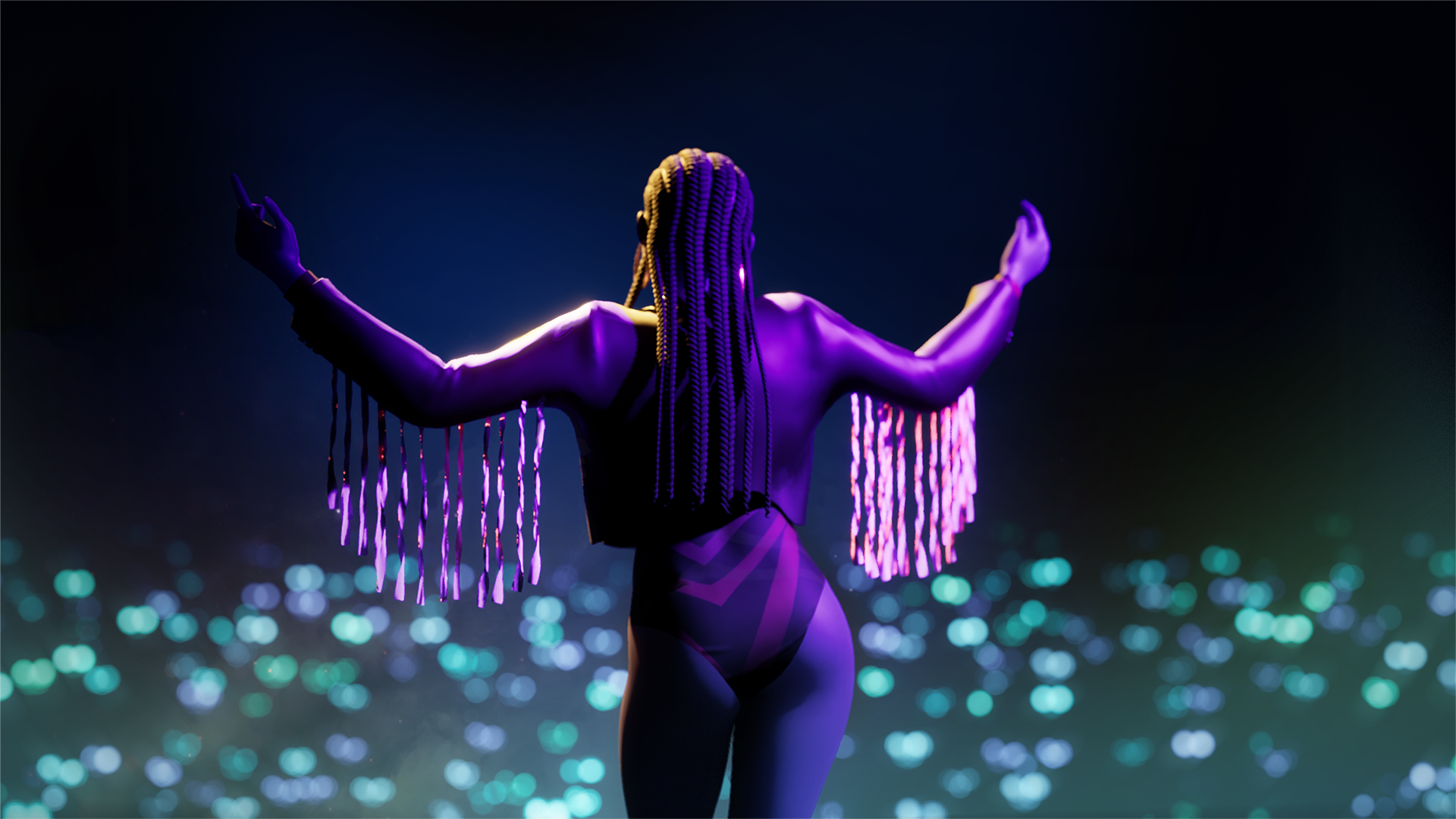 Latasha from behind with arms spread and glowing fringe elements against city lights