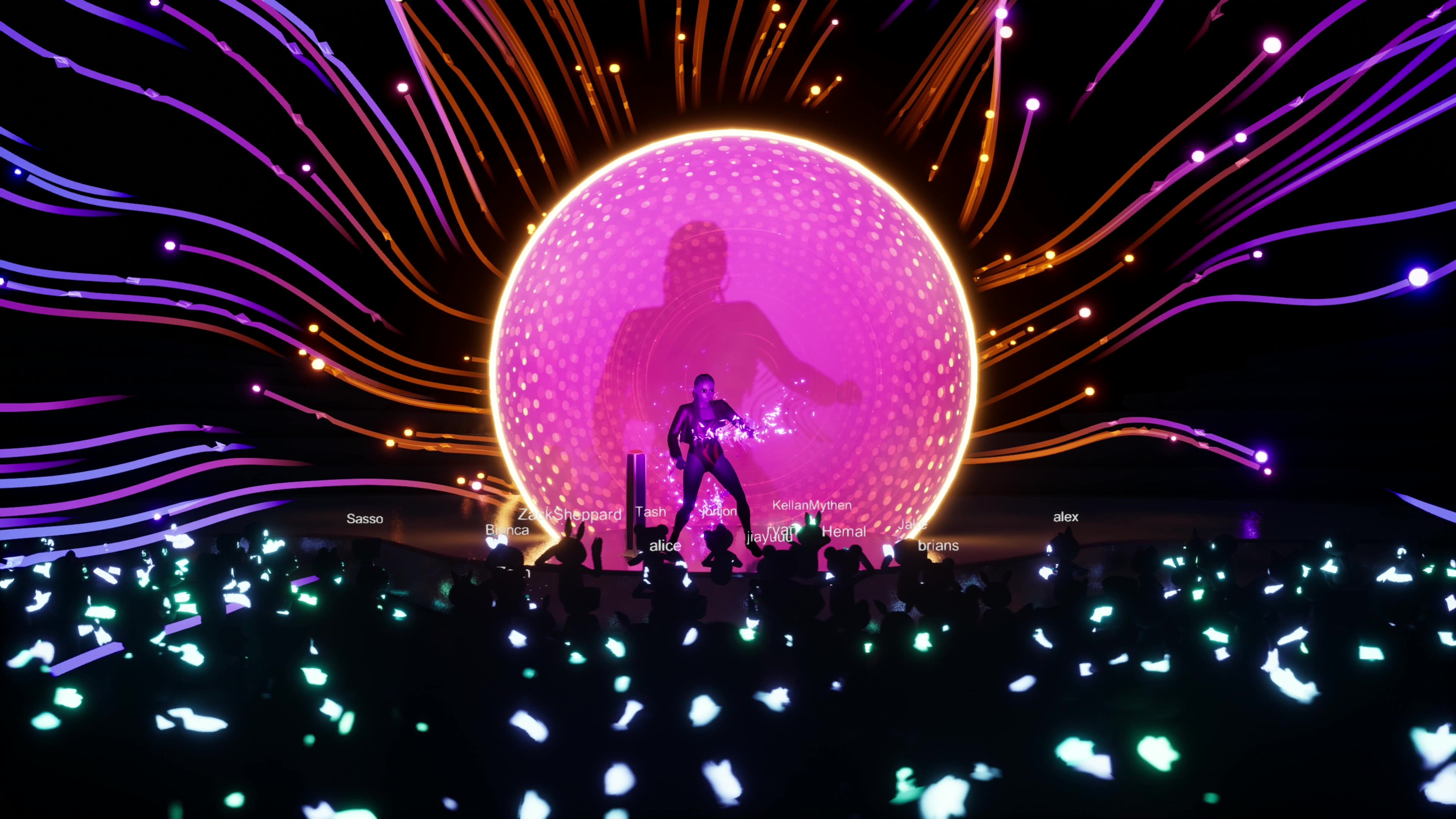 Performer on stage inside massive glowing pink sphere with radiating light beams