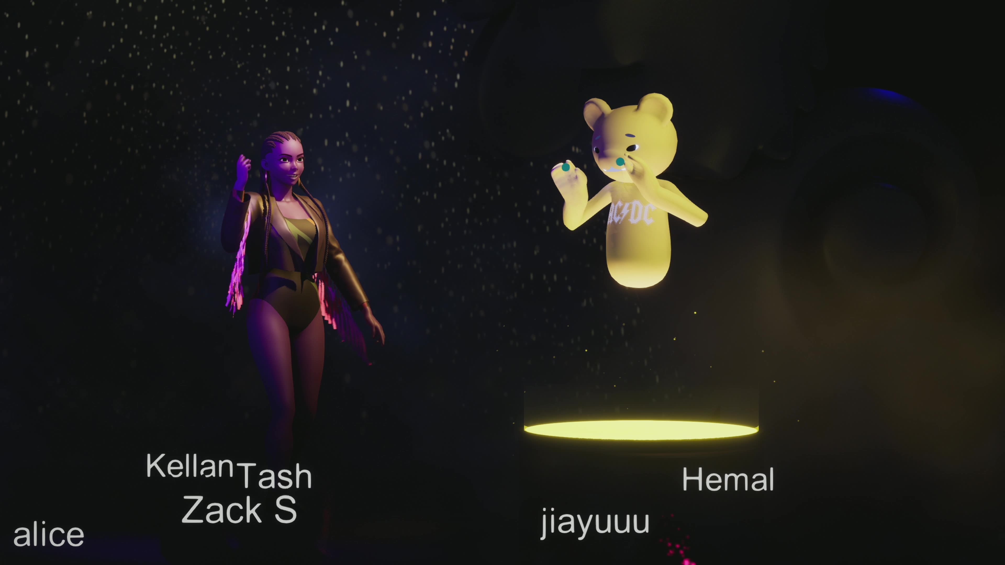 Latasha avatar with glowing yellow teddy bear in dark starry environment