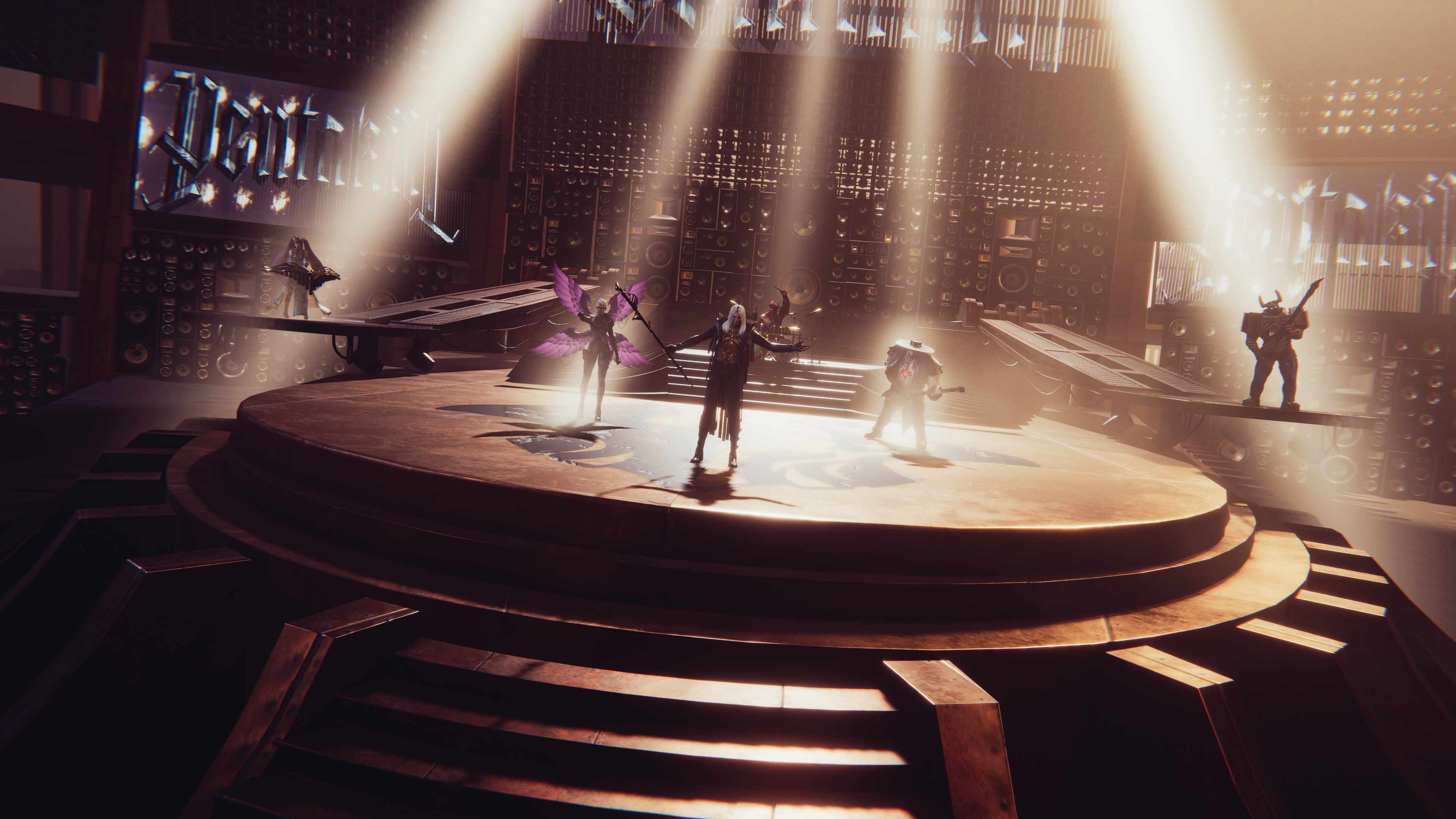 Pentakill band performing on circular stage with dramatic golden lighting and massive speaker stacks