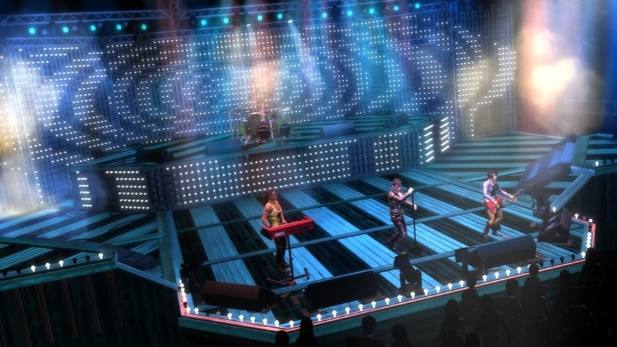 Band performing on futuristic illuminated stage with geometric platform and dramatic lighting