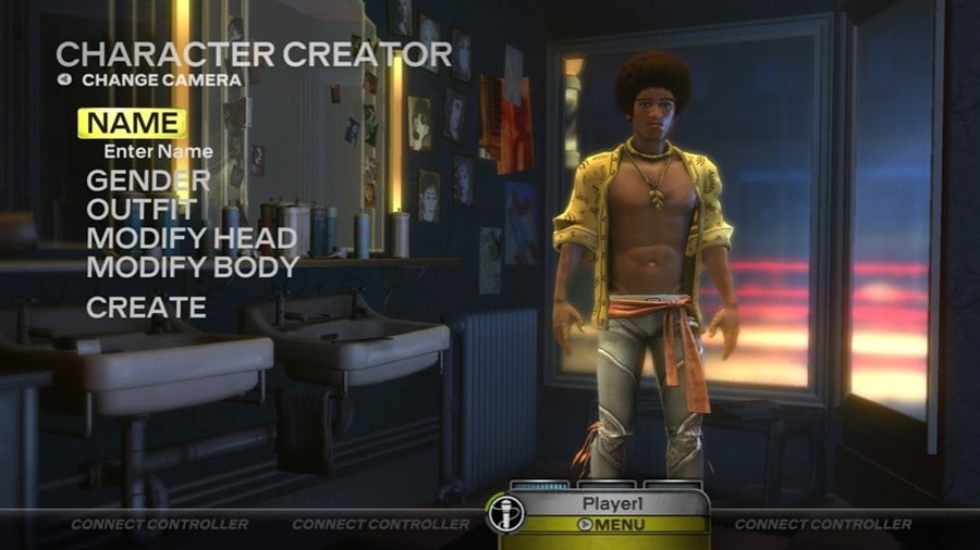 Character creator interface showing customization options for band member