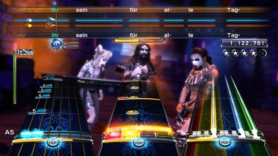 Gameplay interface showing three-lane instrument tracks with band performing on stage